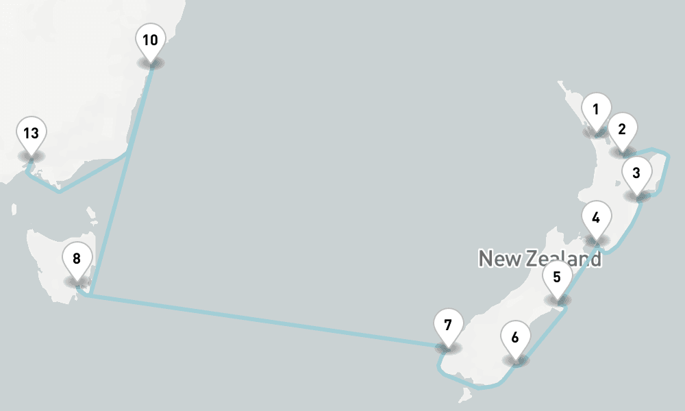 16 nights / 17 days, one-way from Auckland to Melbourne (Victoria, Australia)