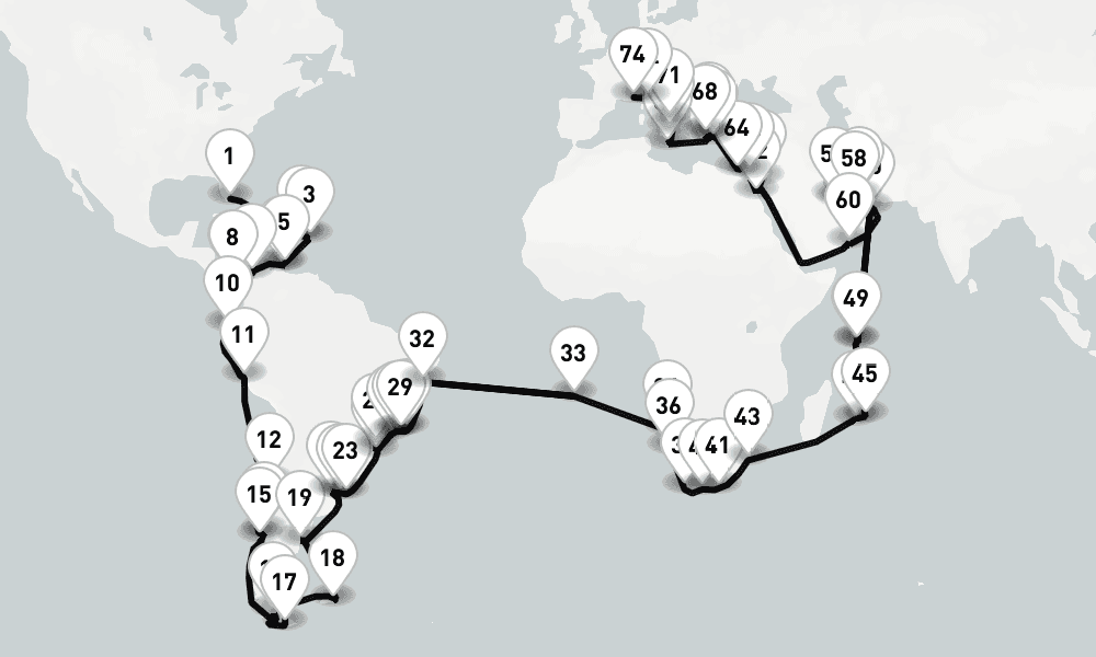 132 nights / 133 days, one-way from Miami (Florida) to Villefranche-sur-Mer (Nice, France Riviera)