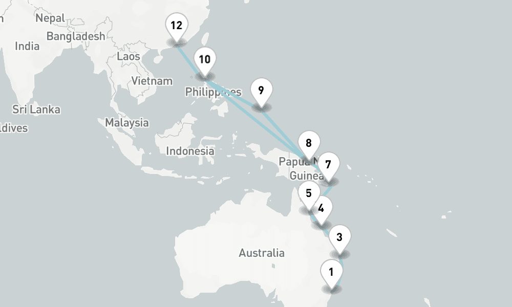 21 nights / 22 days, one-way from Sydney (NSW, Australia) to Hong Kong