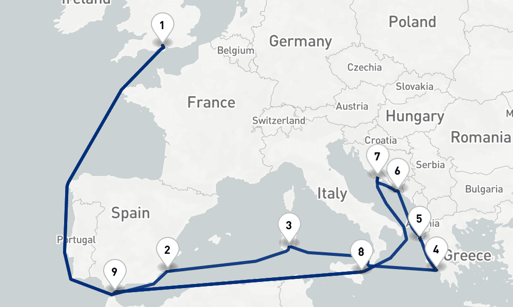 19 nights / 20 days, Southampton (England) Round trip