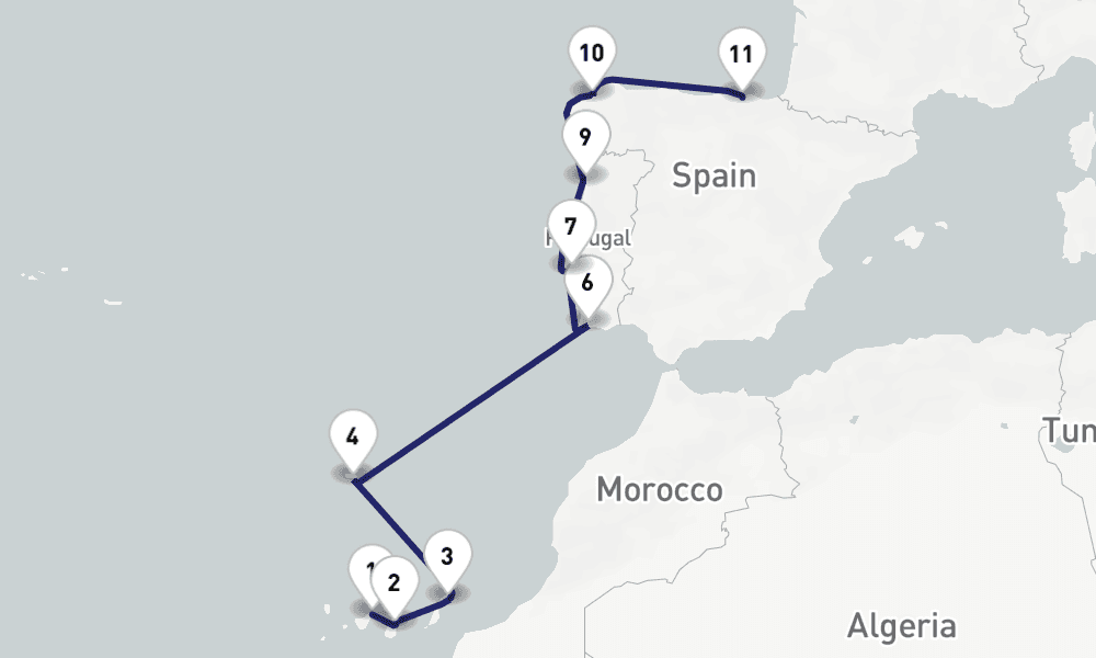 12 nights / 13 days, one-way from Santa Cruz de Tenerife (Canary Islands) to Bilbao