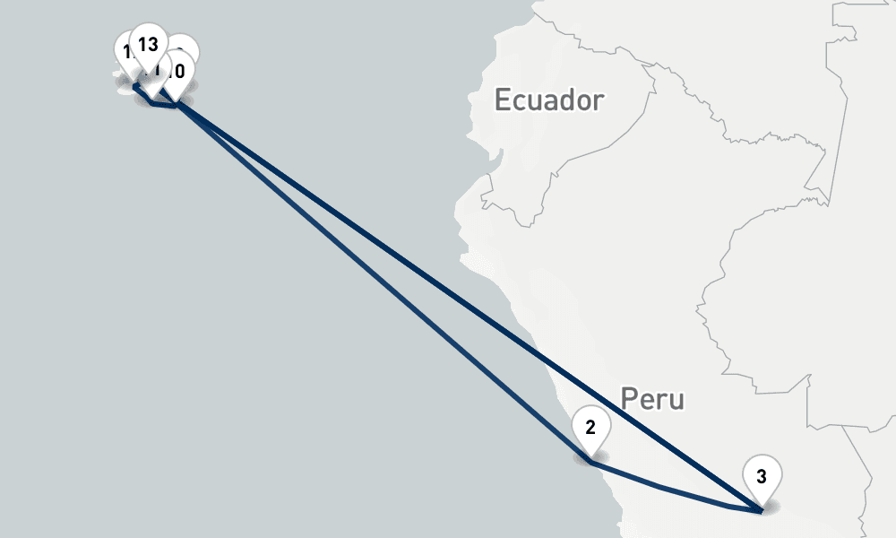 14 nights / 15 days, one-way from Santa Cruz Island (Galapagos) to Baltra Island (Galapagos)