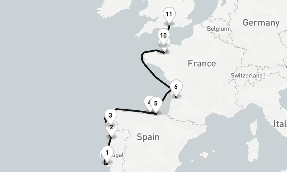 12 nights / 13 days, one-way from Lisbon to Southampton (England)