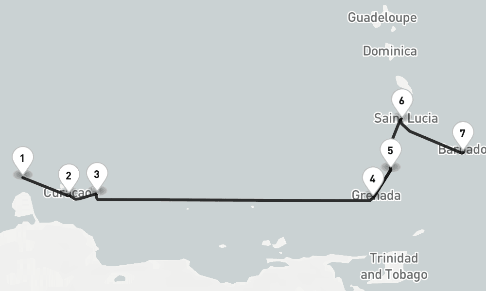7 nights / 8 days, one-way from Oranjestad (Aruba Island, Dutch Antilles) to Bridgetown (Barbados)