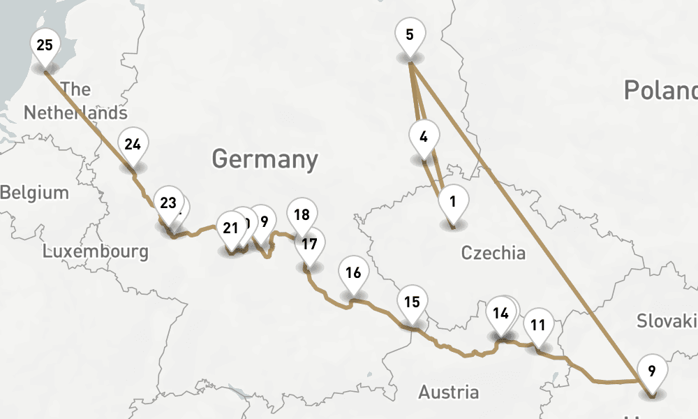 23 nights / 24 days, one-way from Prague (Czech Republic) to Amsterdam (Holland)