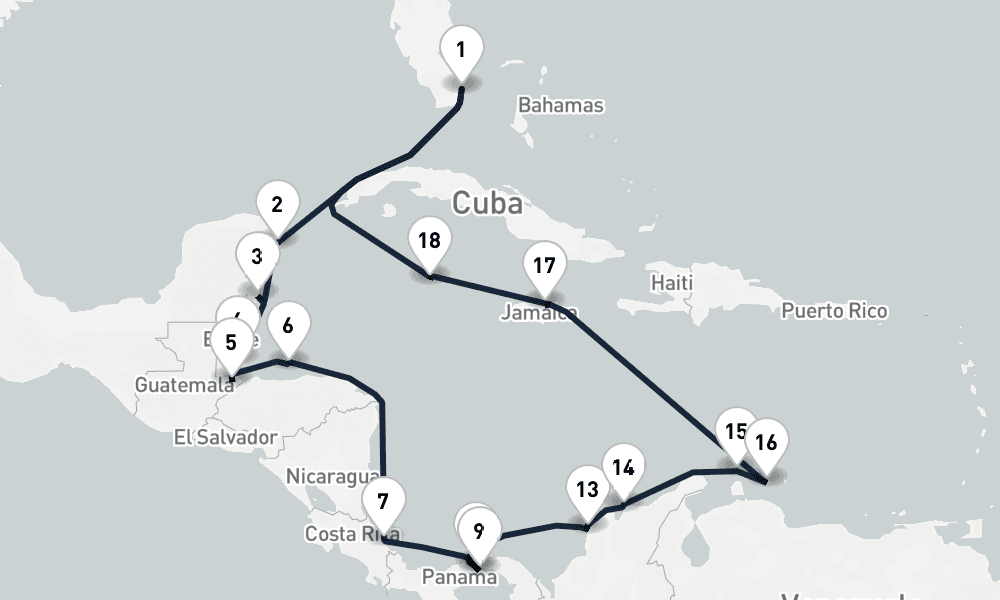 20 days, round-trip Panama Canal Caribbean Miami to Miami 21日間