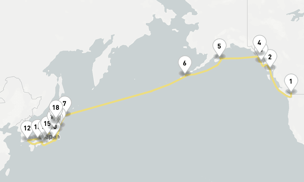 35 days, one-way from Vancouver to Tokyo 36日間
