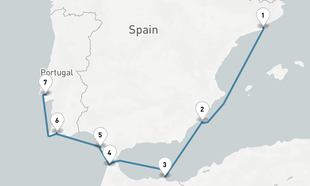 7 days, one-way from Barcelona to Lisbon 8日間