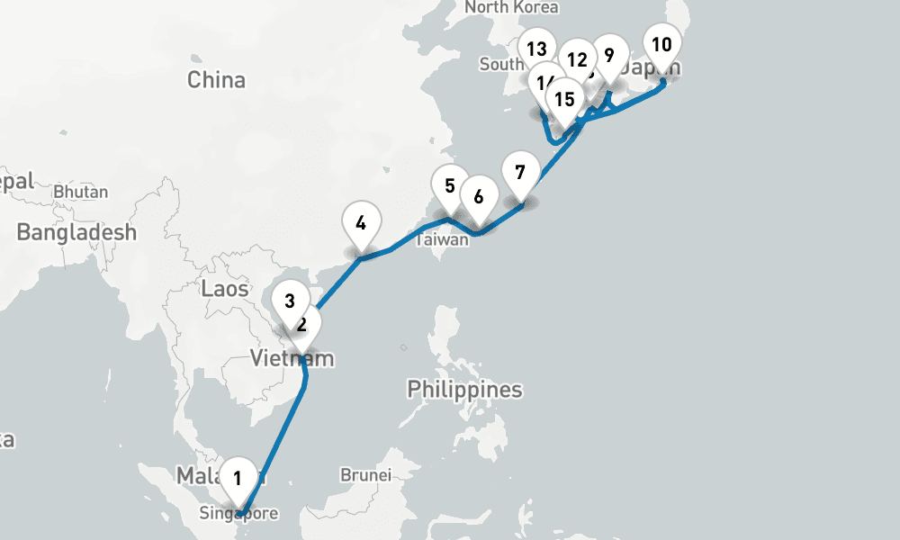 26 days, one-way from Singapore to Yokohama 27日間
