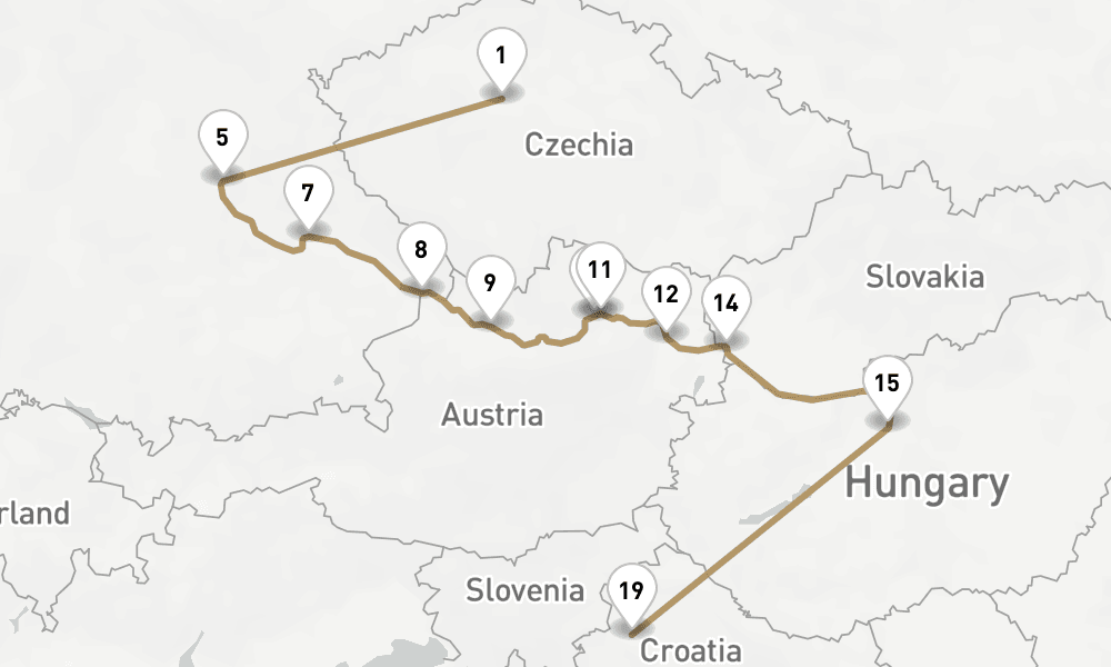 16 days, one-way from Prague to Zagreb 17日間