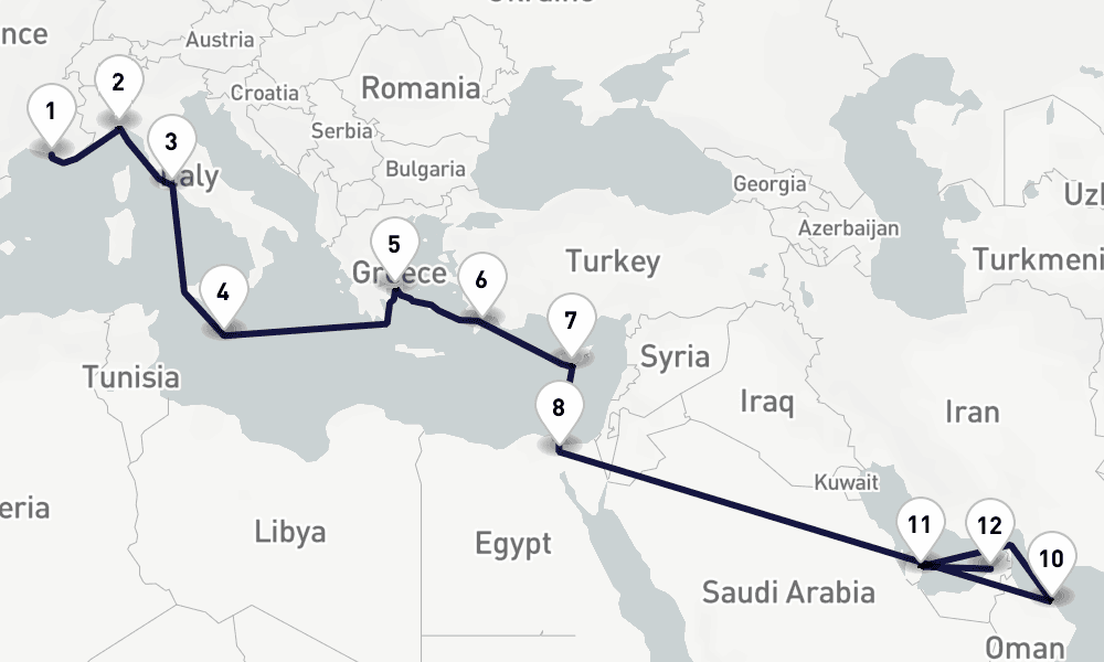 21 days, one-way from Marseille to Dubai 22日間