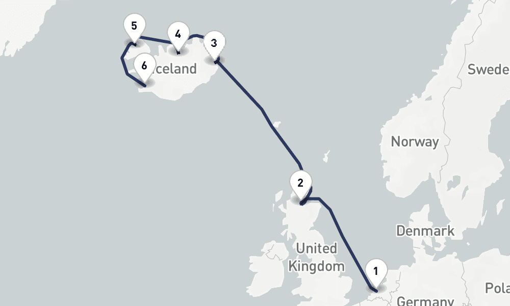 7 days, one-way from Rotterdam to Reykjavik 8日間