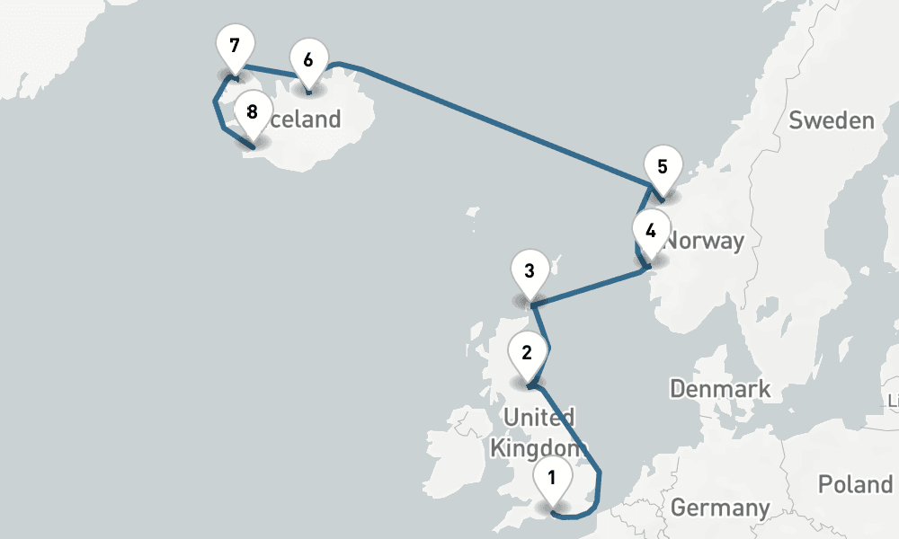 11 days, one-way from Southampton to Reykjavik 12日間