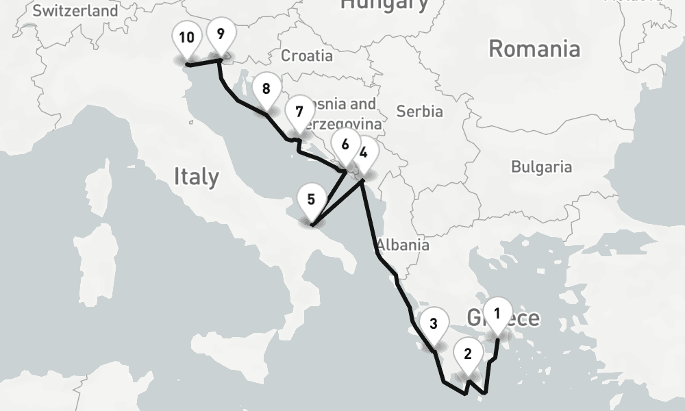 10 days, one-way from Piraeus-Athens to Venice 11日間