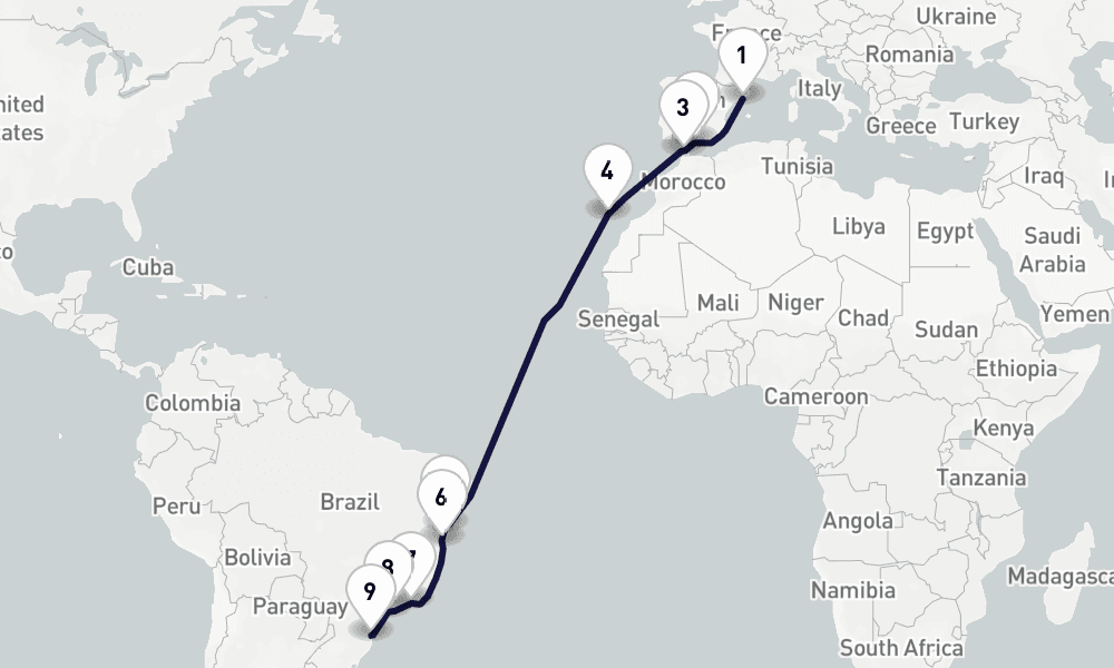 17 days, one-way from Barcelona to Itajai 18日間