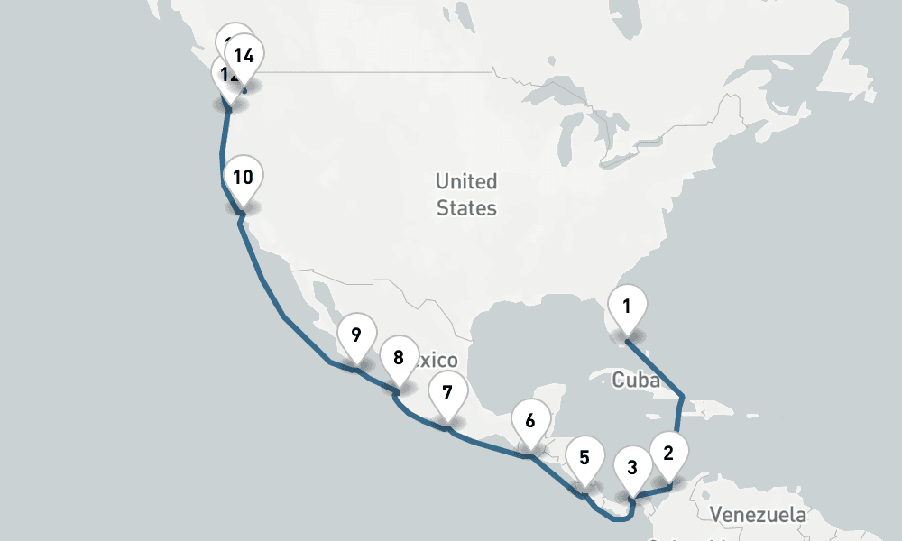 22 days, one-way from Miami to Seattle 23日間