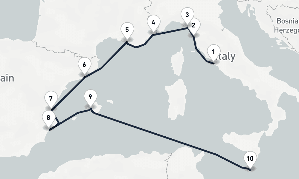 10 days, one-way from Civitavecchia-Rome to Valletta 11日間
