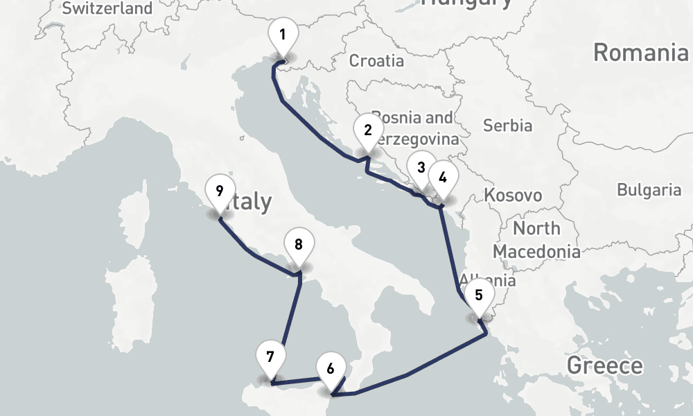 10 days, one-way from Trieste to Civitavecchia-Rome 11日間