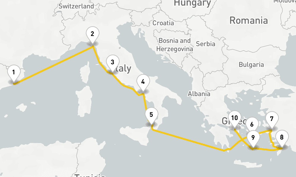 11 days, one-way from Barcelona to Piraeus-Athens 12日間