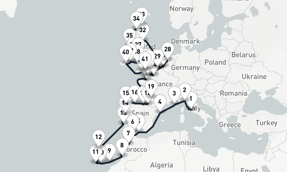 45 days, one-way from Civitavecchia-Rome to Southampton 46日間
