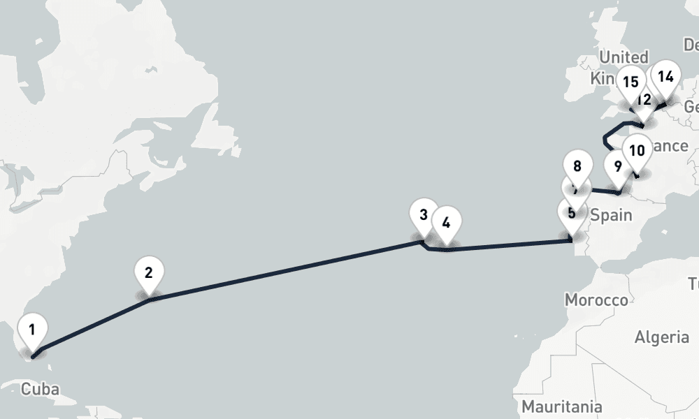 22 days, one-way from Miami to Southampton 23日間