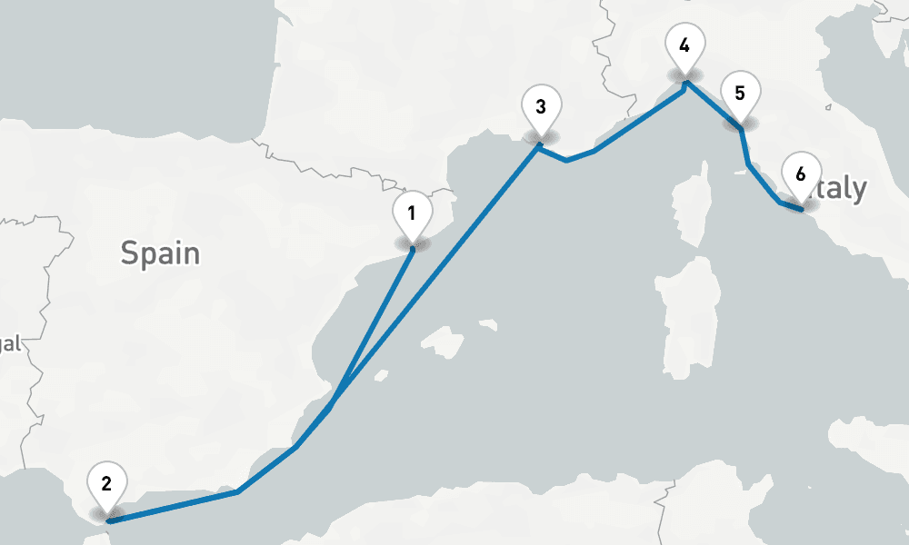 7 days, one-way from Barcelona to Civitavecchia-Rome 8日間
