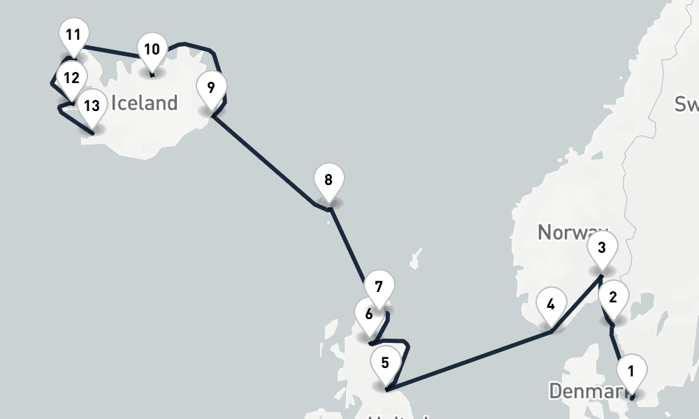14 days, one-way from Copenhagen to Reykjavik 15日間