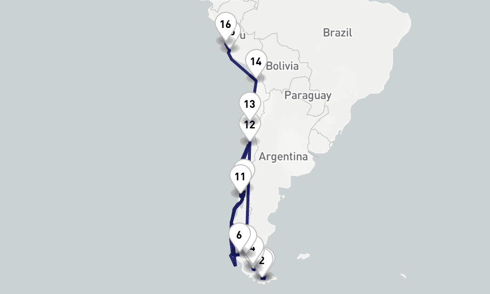 18 days, one-way from Ushuaia to Callao-Lima 19日間