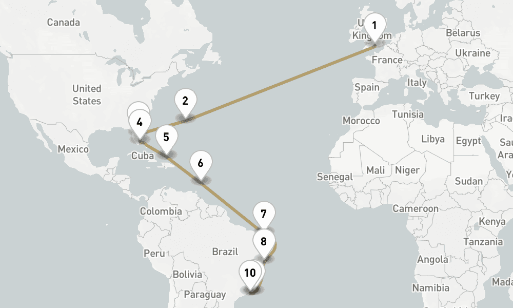 29 days, one-way from Southampton to Rio de Janeiro 30日間