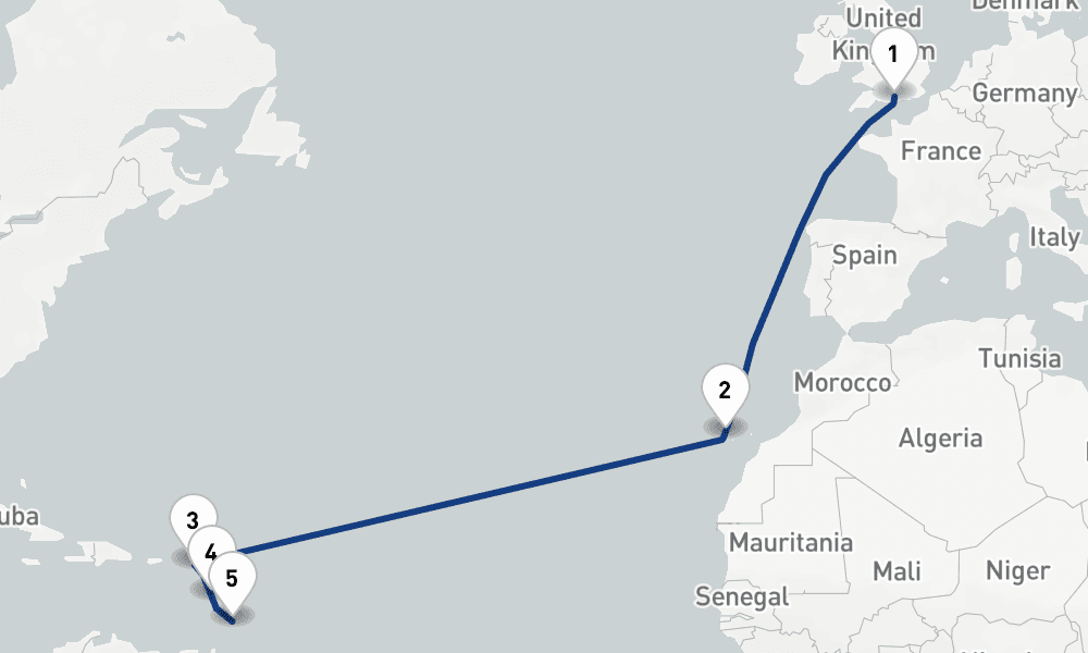 14 days, one-way from Southampton to Bridgetown 15日間