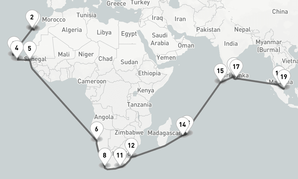 45 days, one-way from Las Palmas de Gran Canaria to Singapore 46日間