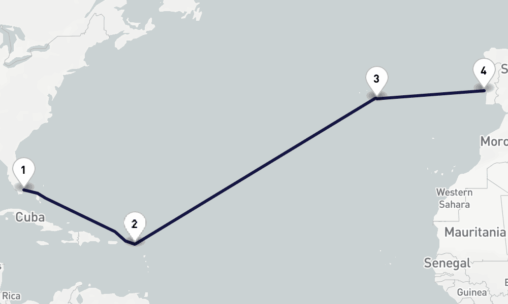 12 days, one-way from Miami to Lisbon 13日間