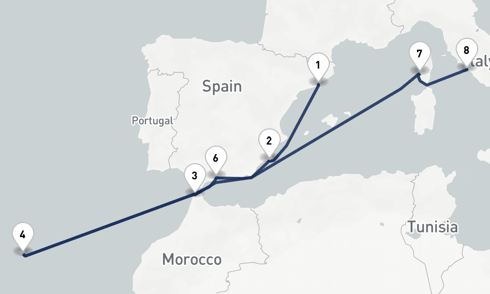 10 days, one-way from Barcelona to Civitavecchia-Rome 11日間