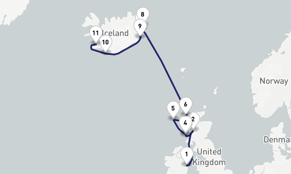 10 nights / 11 days, one-way from Dublin to Reykjavik