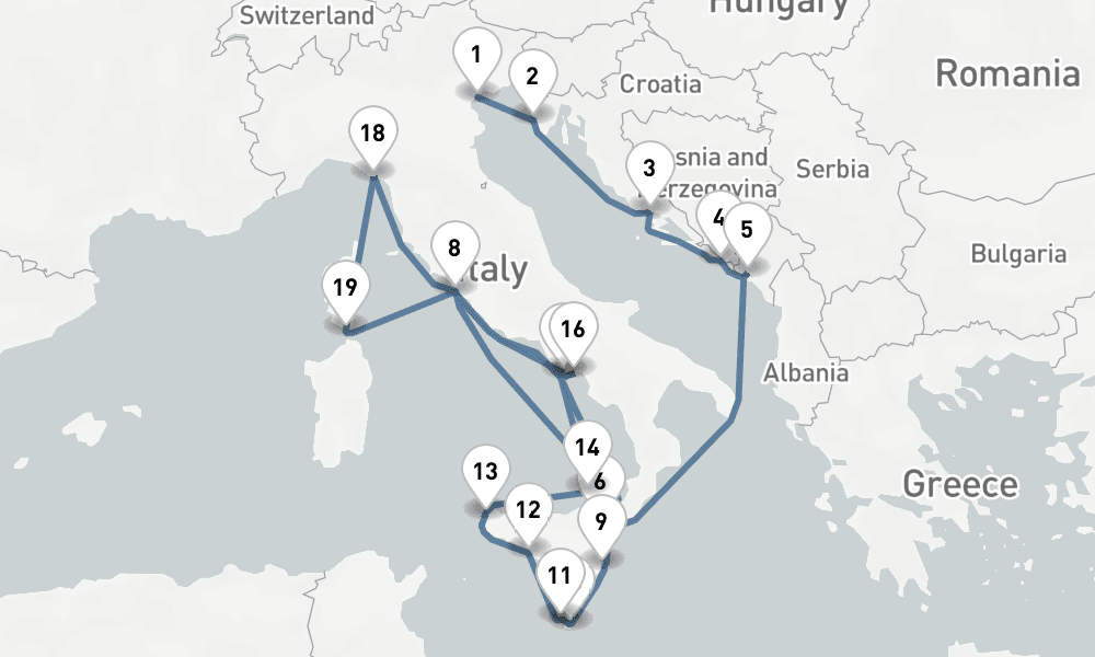 21 days, one-way from Venice to Civitavecchia-Rome 22日間