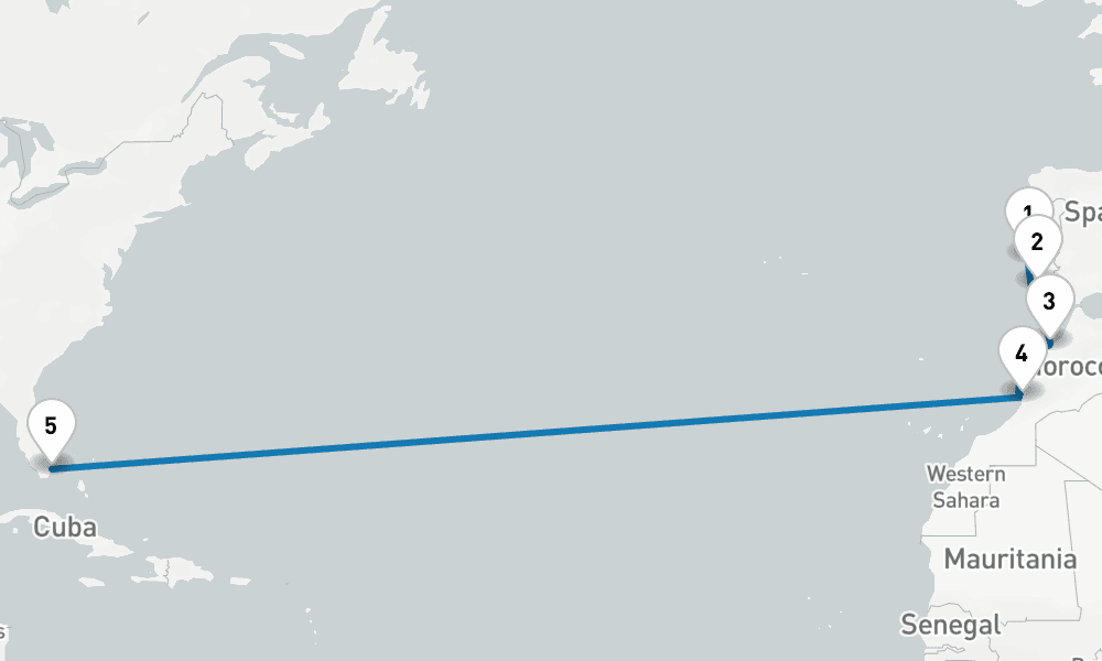 14 days, one-way from Lisbon to Miami 15日間