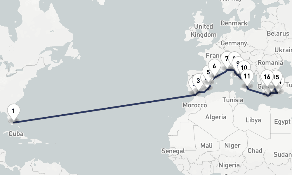 25 days, one-way from Fort Lauderdale to Piraeus-Athens 26日間