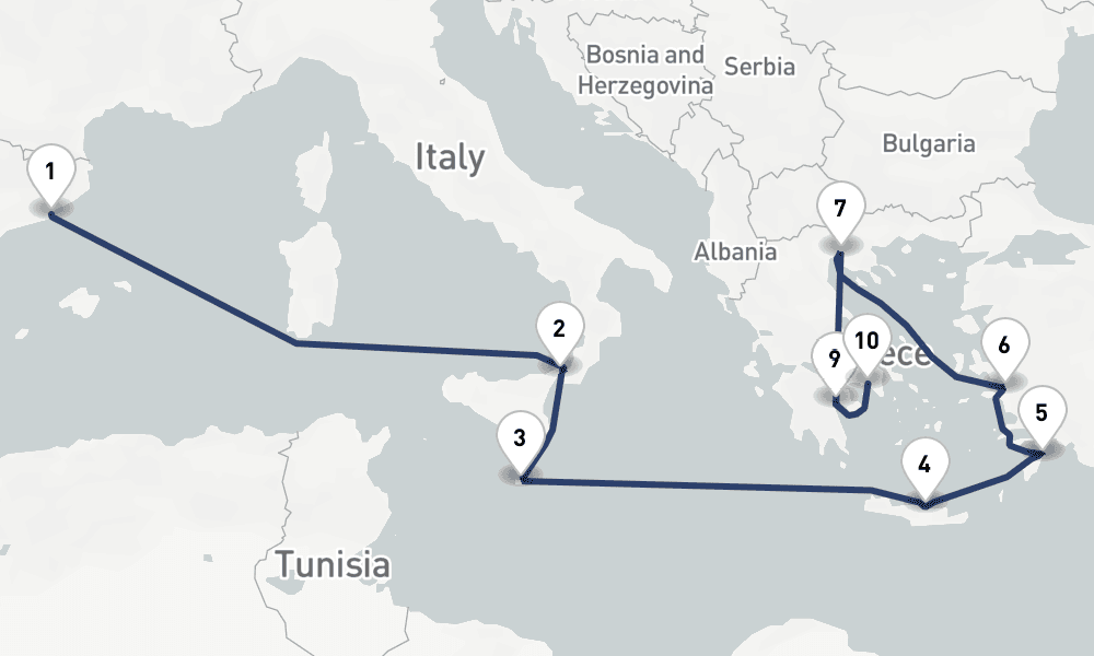 13 days, one-way from Barcelona to Piraeus-Athens 14日間