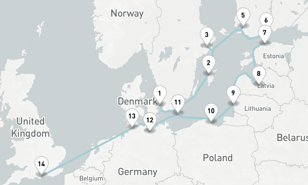 15 days, one-way from Copenhagen to Portsmouth UK 16日間