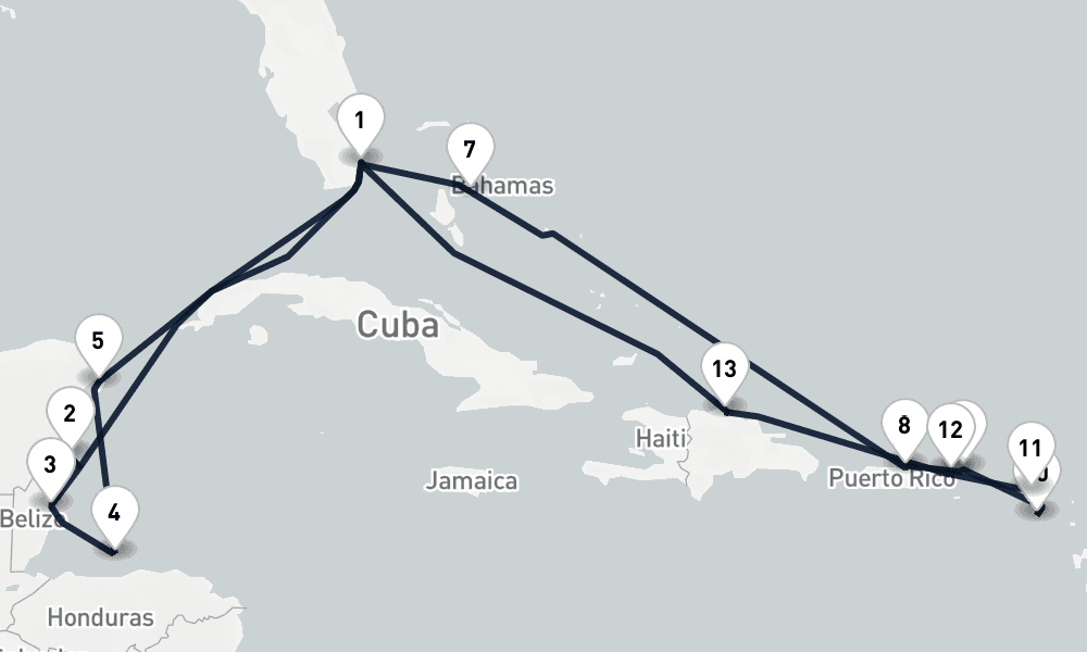 17 days, round-trip Holiday Horizons Miami to Miami 18日間