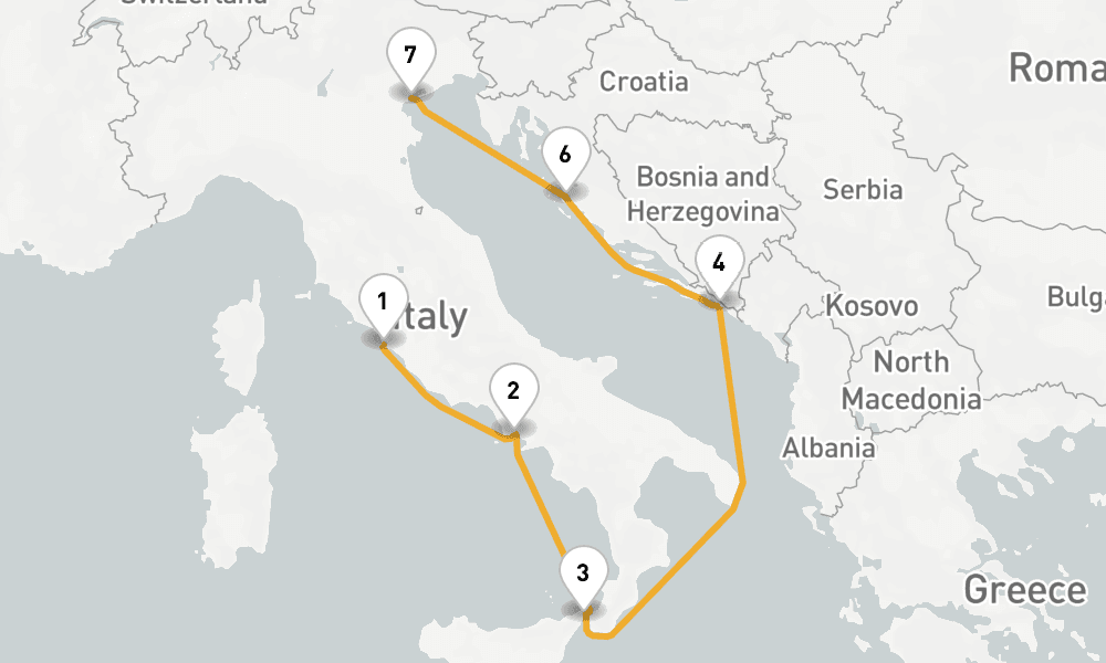 8 days, one-way from Civitavecchia-Rome to Venice 9日間