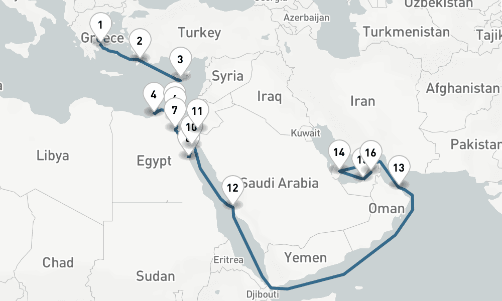 21 days, one-way from Piraeus-Athens to Dubai 22日間