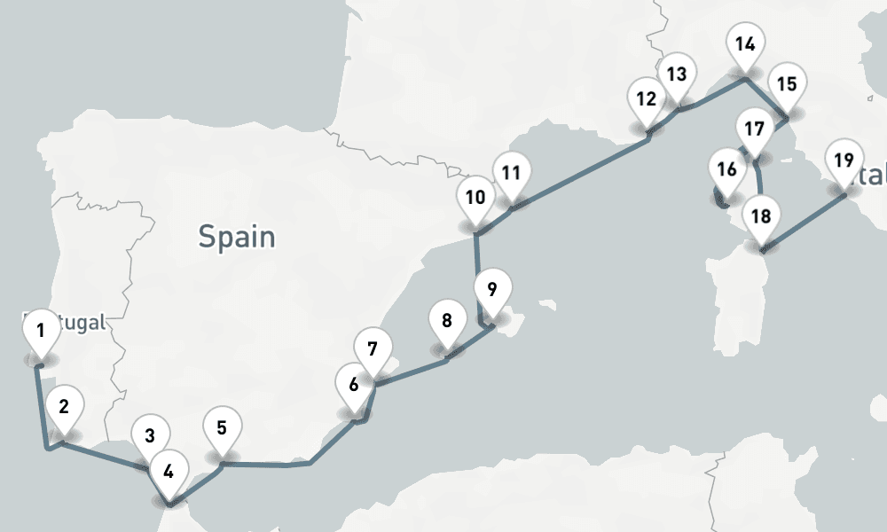 22 days, one-way from Lisbon to Civitavecchia-Rome 23日間
