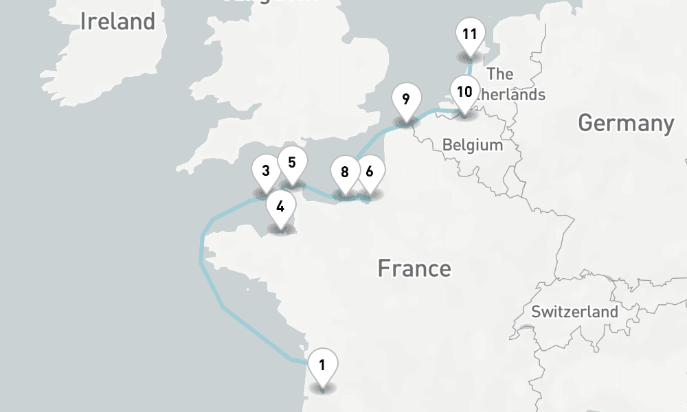 11 nights / 12 days, one-way from Bordeaux to IJmuiden (Holland)