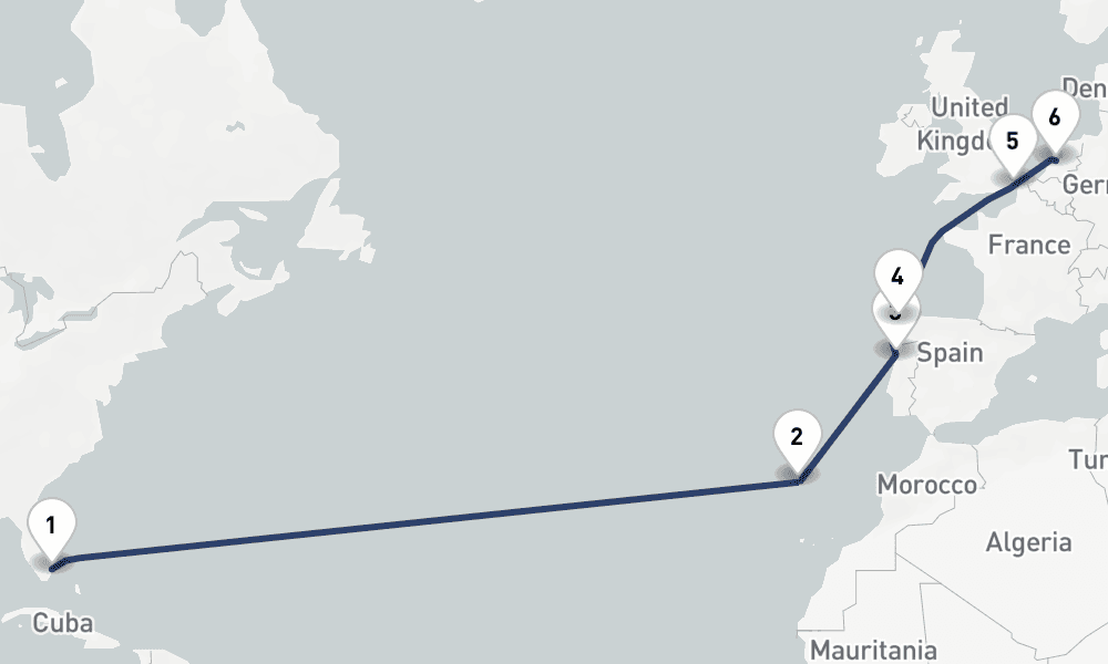 14 days, one-way from Fort Lauderdale to Amsterdam 15日間