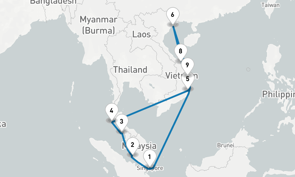 16 days, round-trip Malaysia, Thailand Vietnam with Halong Bay 17日間