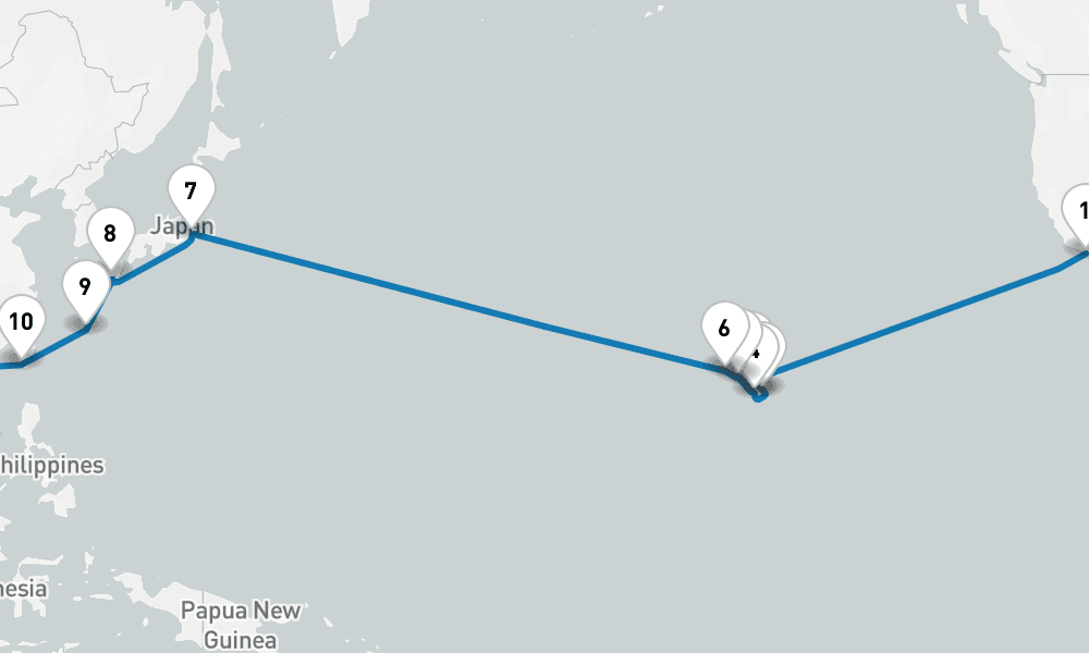 34 days, one-way from Los Angeles to Singapore 35日間