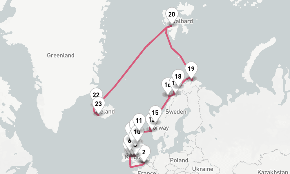 28 nights / 29 days, one-way from Tilbury (London, England) to Reykjavik