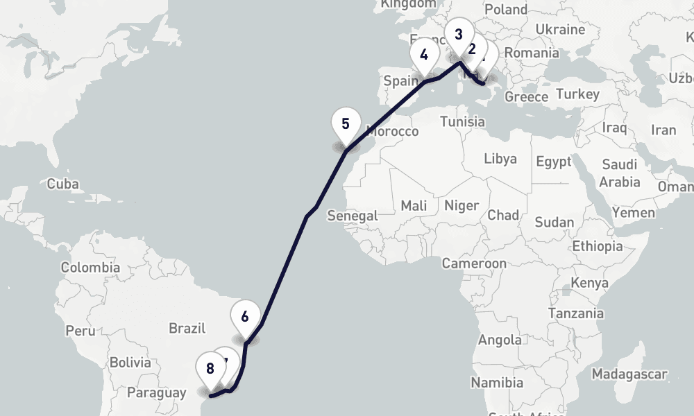 18 days, one-way from Naples to Santos 19日間