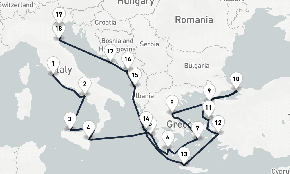 19 days, one-way from Civitavecchia-Rome to Venice 20日間